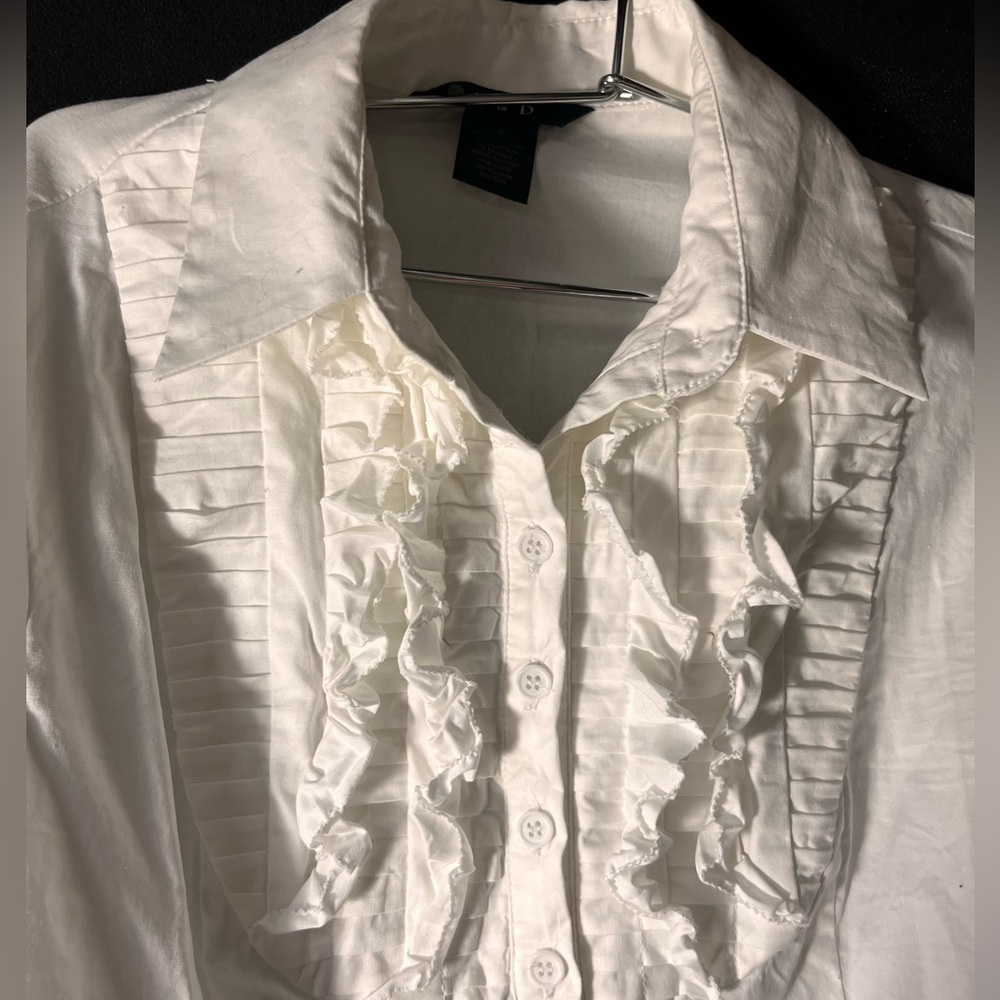 S + D ruffle white button down